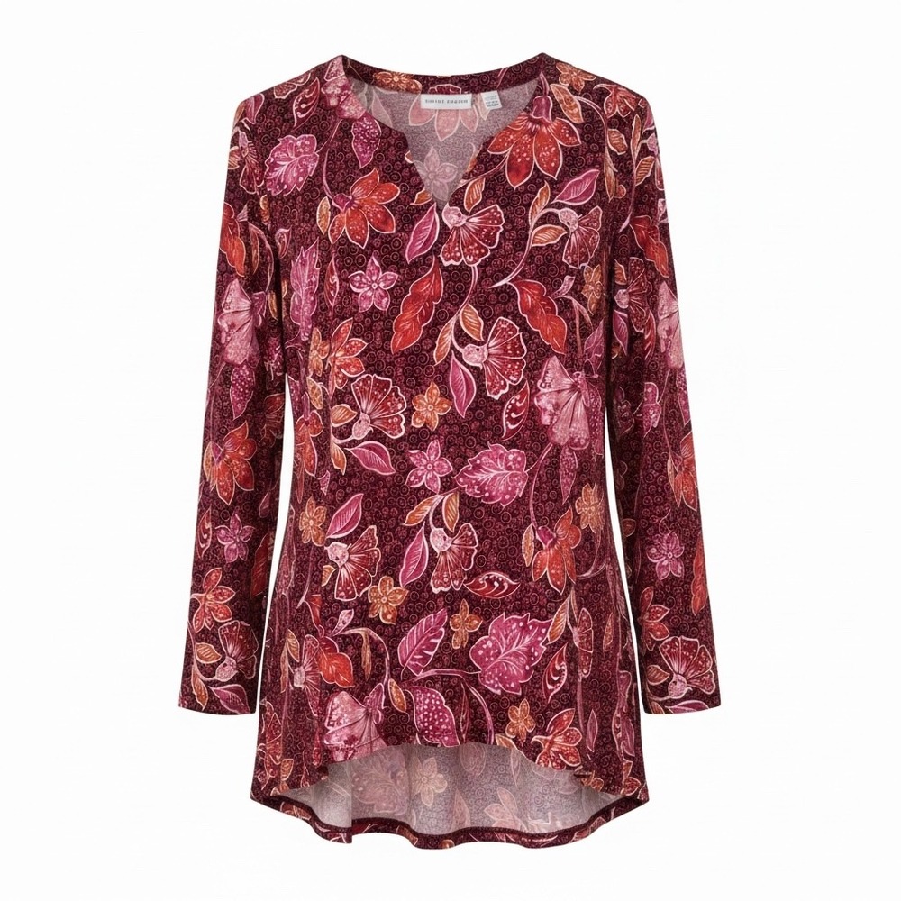 Susan Graver XLP Floral Hi Low Tunic Top V Neck Burgundy Pink Long Sleeve EUC